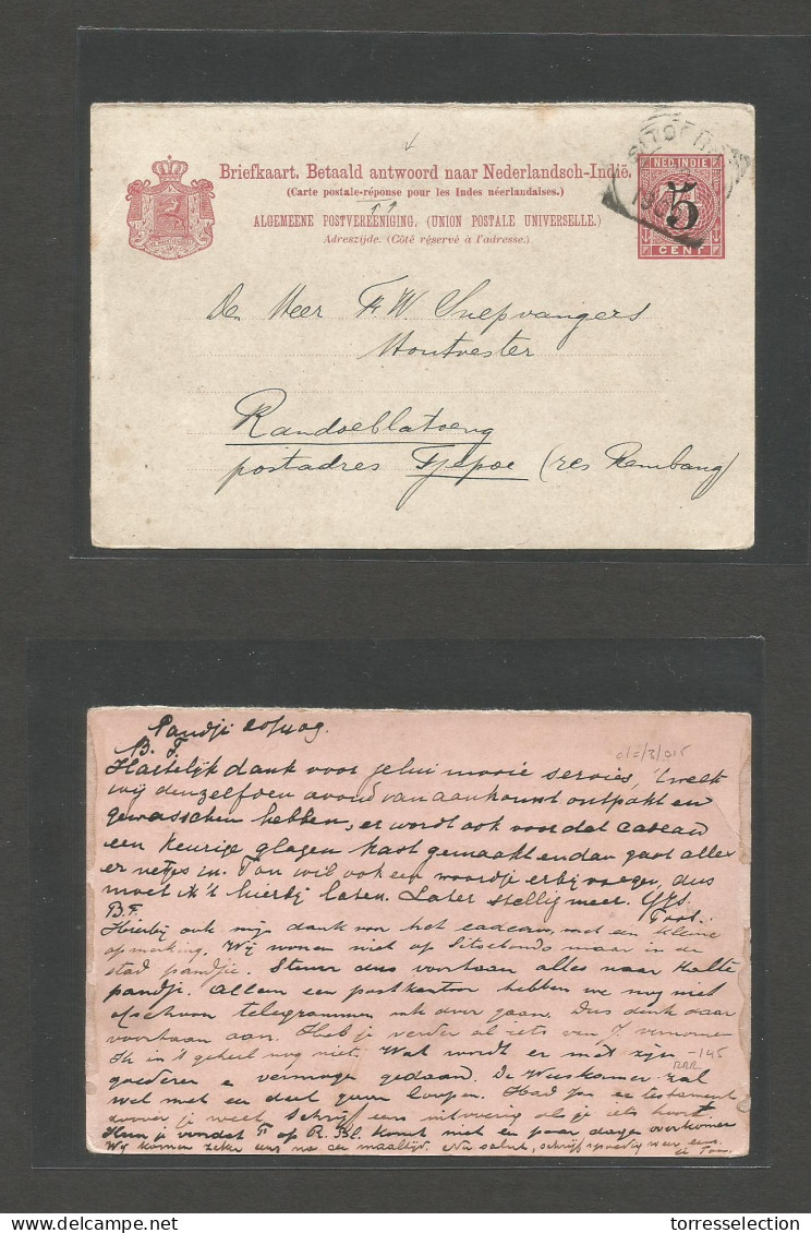 DUTCH INDIES. 1909 (20 May) REPLY HALF. Pandji - Randoeblatoeng 5c / 7 1/2c Red Stationary Card. Provisional Ovptd Issue - Indonesië