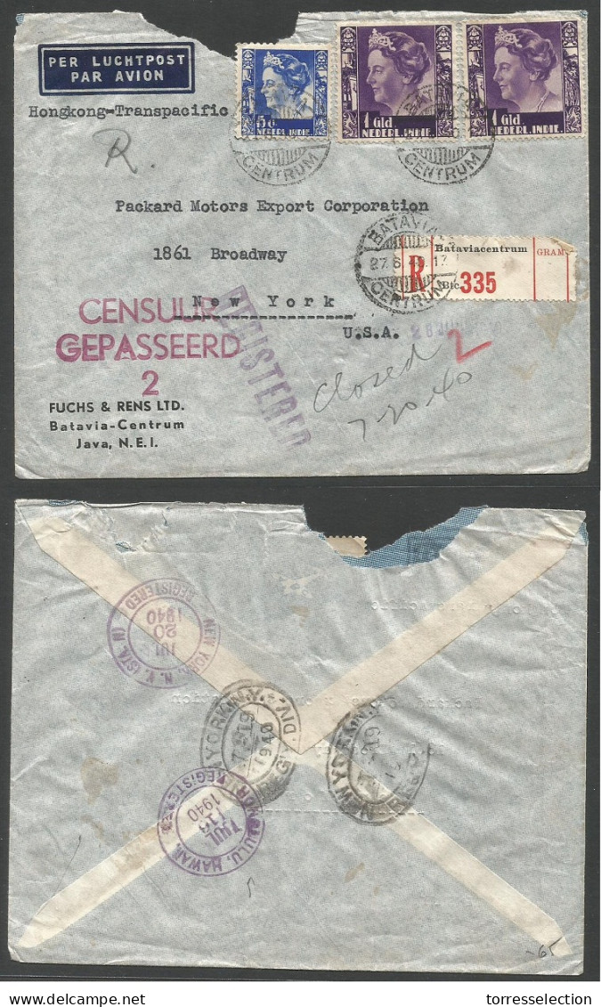 DUTCH INDIES. 1940 (27 June) Batavia - USA, NYC. Air Registrated Multifkd Envelope (rough Opening) Censored. Via Hawaii  - Indonesië