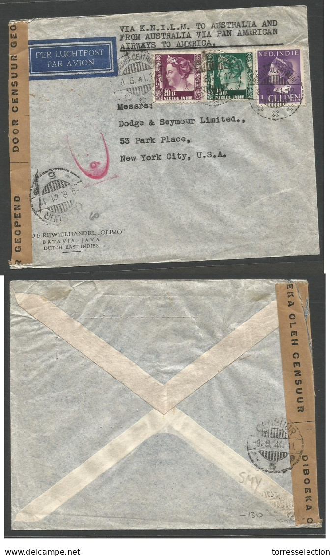 DUTCH INDIES. 1941 (9 Aug) Batavia - USA, NYC. Air Multifkd Envelope Via KNILM Pan America. Censor. - Indonesië