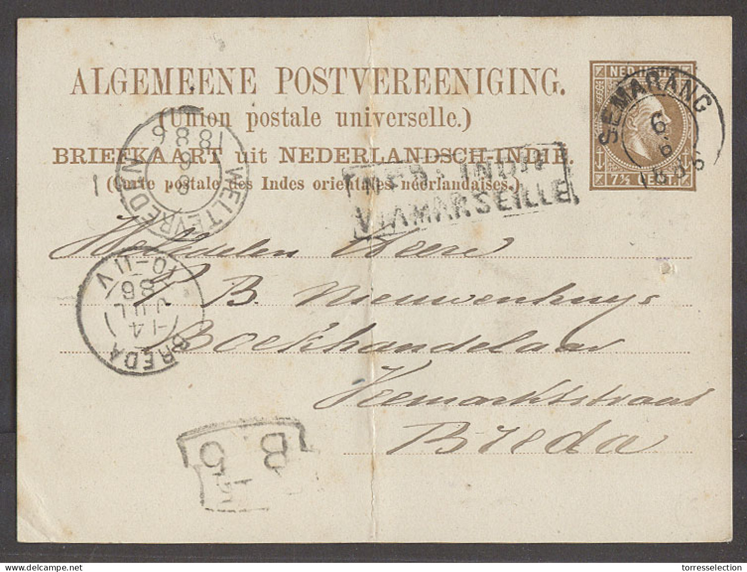 DUTCH INDIES. 1886 (6 June). Gemarang - Netherlands, Breda (14 July). 7 1/2c Brown Stat Card. Via Marseille Cachet. Fine - Indonesië