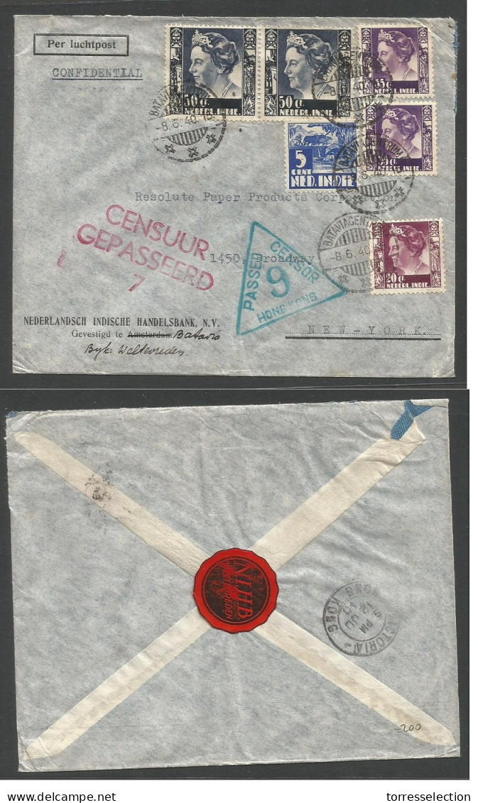 DUTCH INDIES. 1940 (8 June) Batavia - USA, NYC. Air Multifkd Envelope. Via Hong Kong Censored (9) + Depart Red Cachet. R - Indonesië