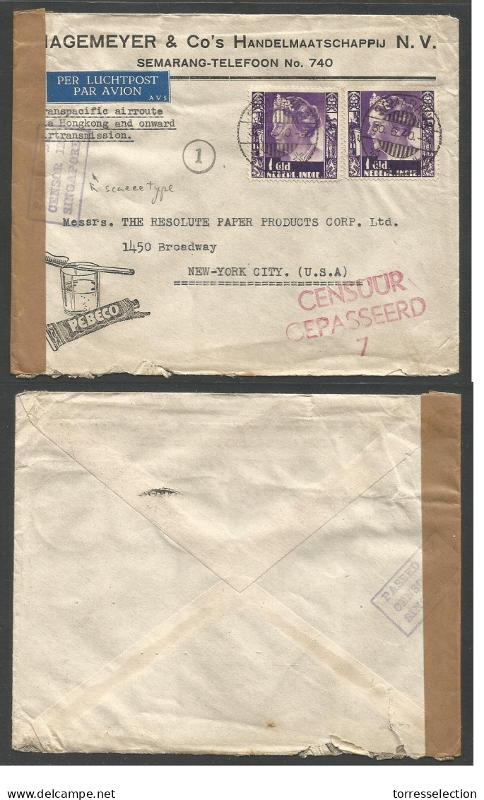 DUTCH INDIES. 1940 (30 June) Semarang - USA, NYC. Air 2 Golden Rate Fkd, Ilustrated Envelope (toothpaste) Route HK - Pac - Indonesië