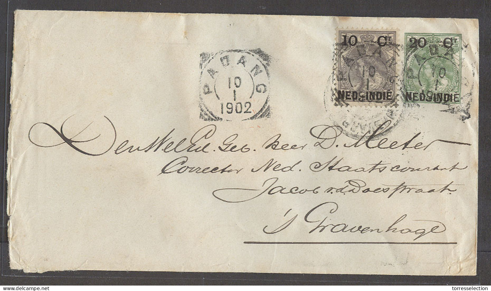 DUTCH INDIES. 1902 (10 Jan). Padang - Netherlands, Gravenhage (31 Jan). 20c Ovptd QW Green Stat Env 10c Adtl Cds. VF Use - Indonesië