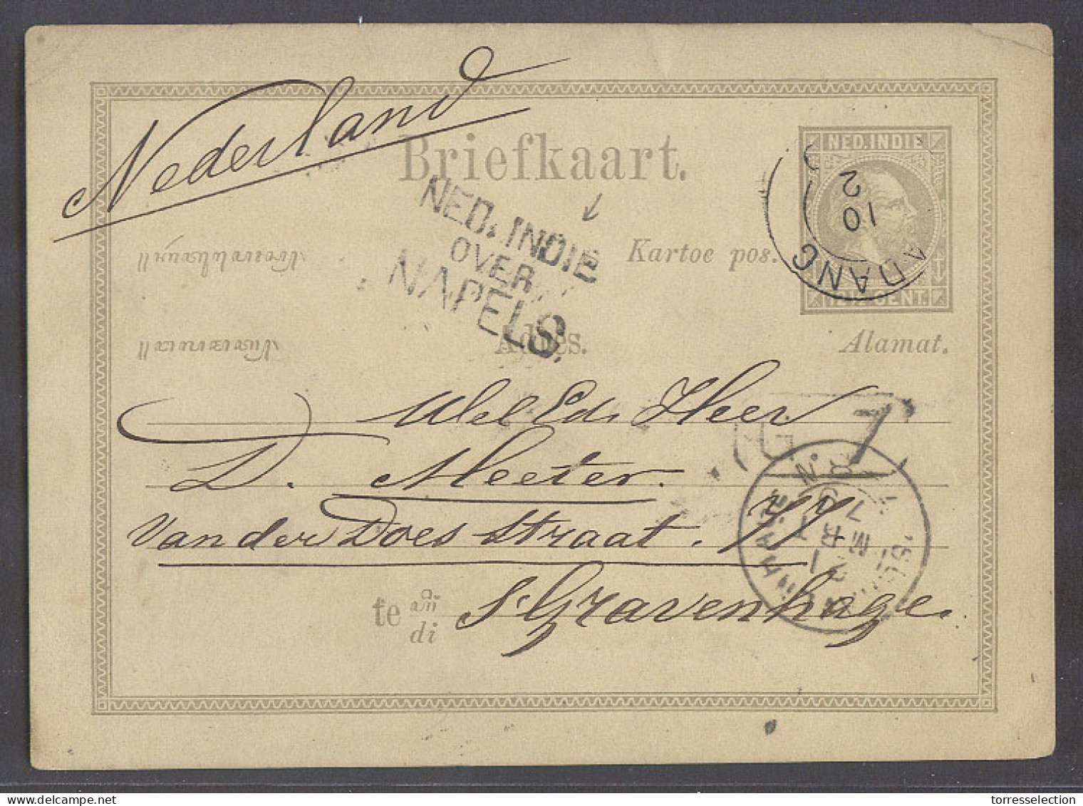 DUTCH INDIES. 1879 (10 Feb). Padang - Netherlands. 12 1/2c Grey Stat Card Ned Indie Over Napels (xxx) Transited Early It - Indonesië