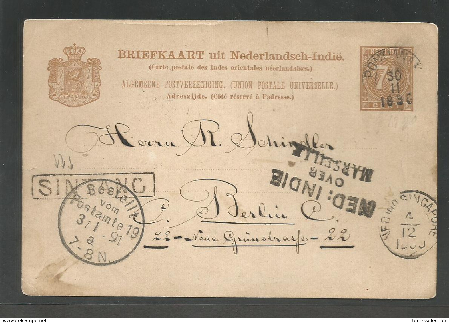 DUTCH INDIES. 1890 (30 Nov)Sintang, Pontianak - Germany, Berlin (3 Jan 1891) 7 1/2c Brown Stat Card Stline Town Depart B - Indonesië