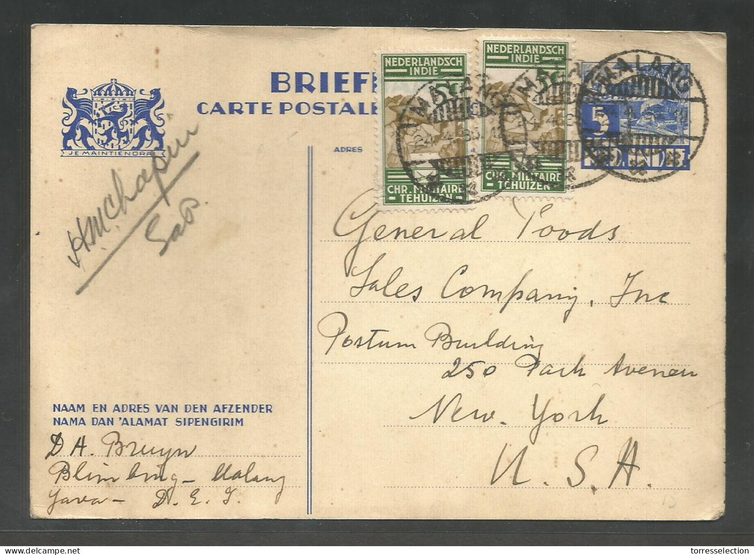 DUTCH INDIES. 1935 (21-24 April). Malang - USA, NYC (23 May). 5c Blue Stat Card 2 Adtls. VF Used. - Indonesië