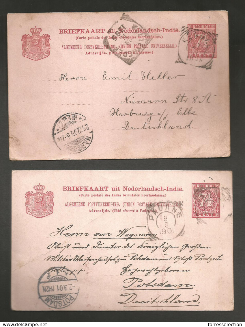 DUTCH INDIES. 1895 - 1901. Padang, Kendal - Germany. 2x 7 1/2c Stat Cards Both Used To Germany. Fine Pair. - Indonesië