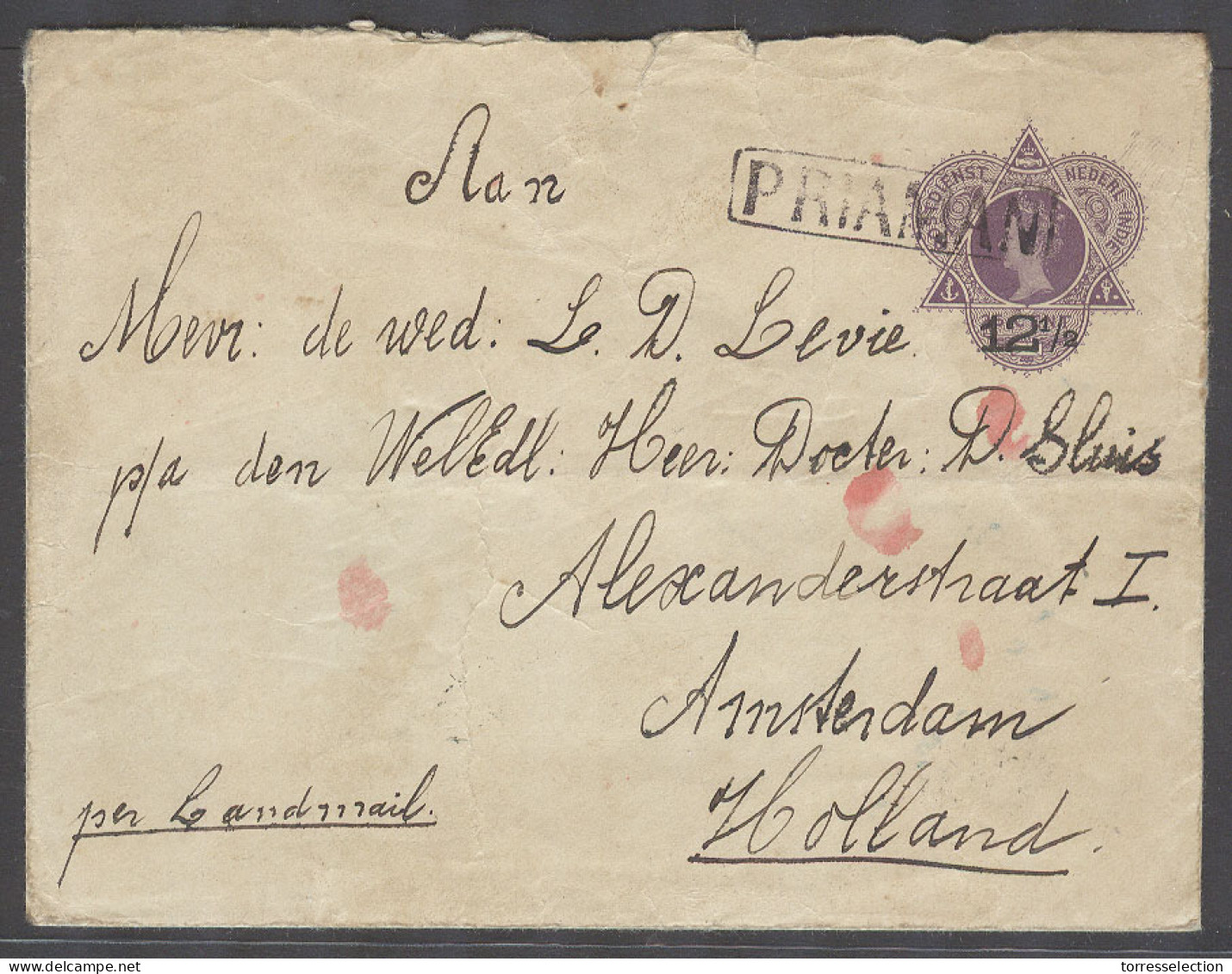 DUTCH INDIES. 1908 (Aug). Priaman - Netherlands, Amsterdam (15SEpt). Via Padang. 12 1/2c Ovptd Lilac Stat Env With Villa - Indonesië