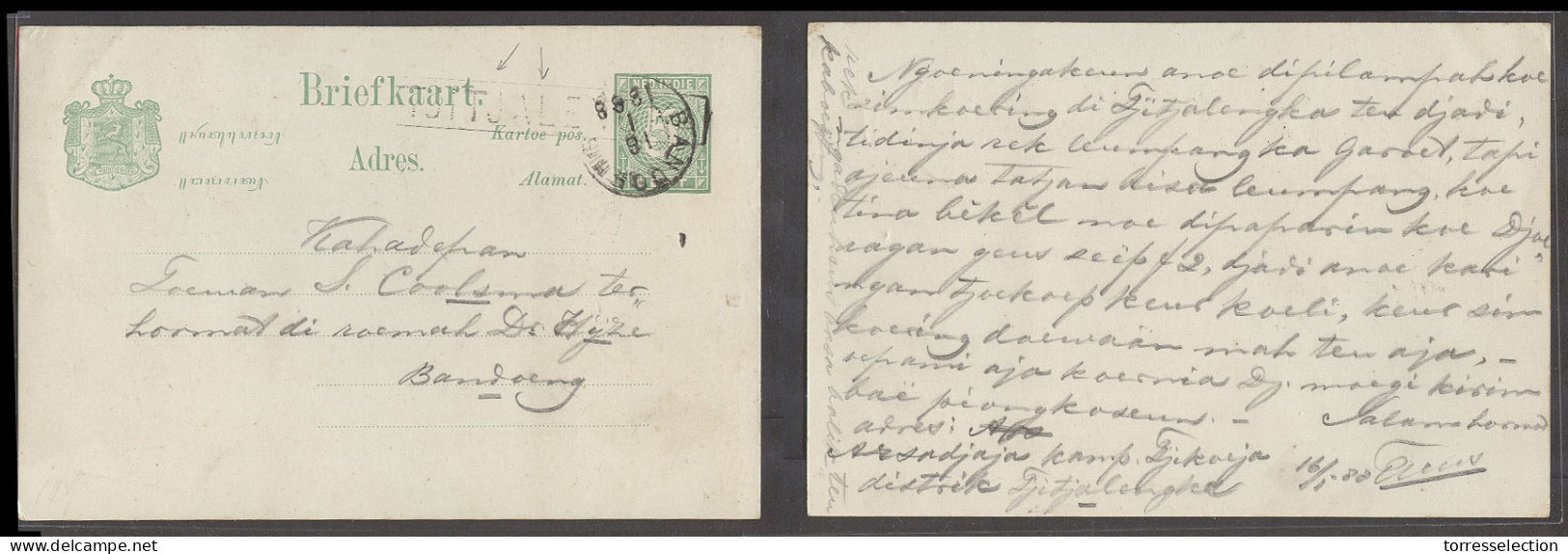 DUTCH INDIES. 1888 (16 Jan). Arsadjaja, Kampdjikaija - Bandoeng (18 Jan). Local 5c Green Stat Card Proper Text With Stli - Indonesië