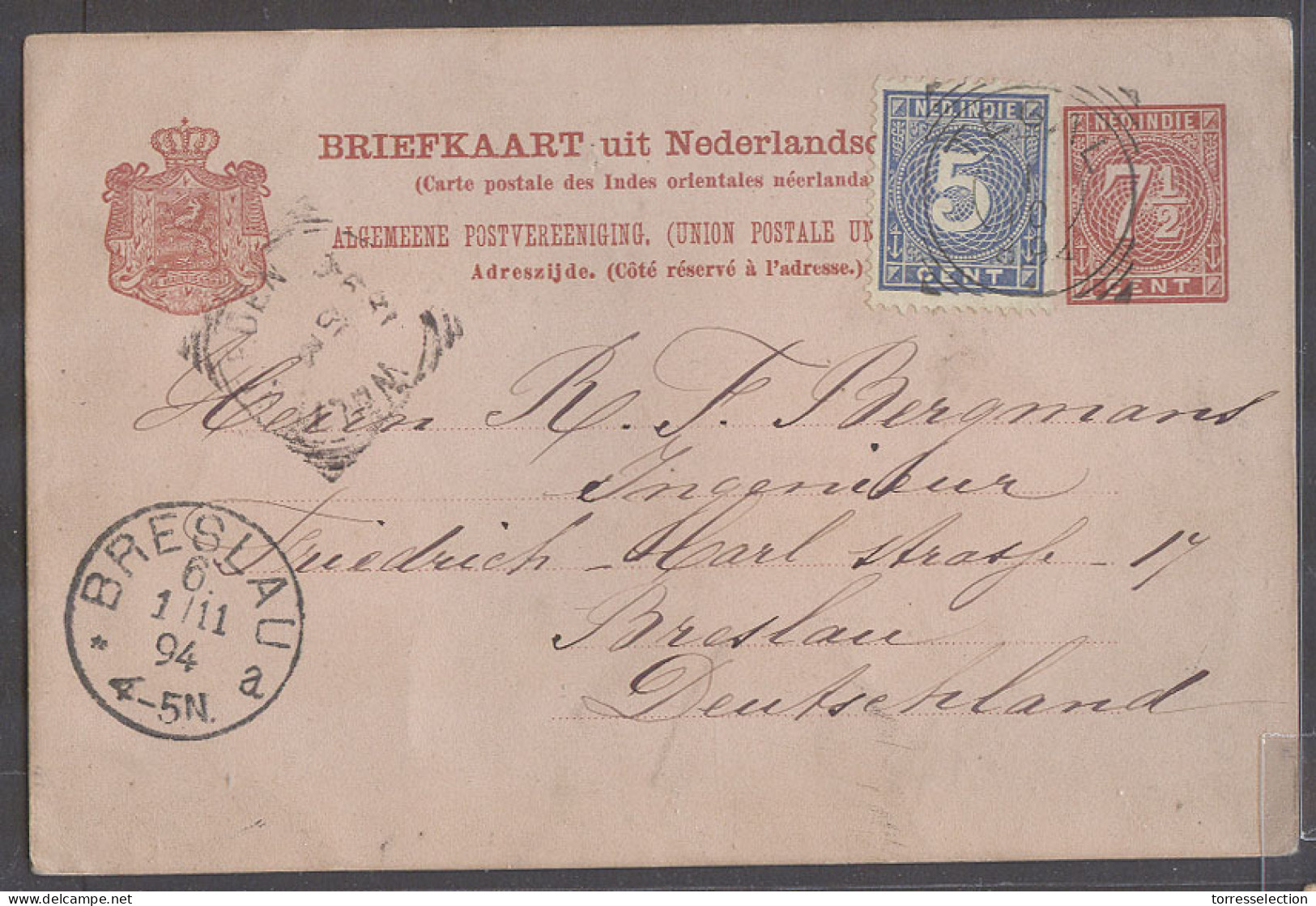 DUTCH INDIES. 1894 (7 Oct). Tegul - Germany, Breslau (1 Nov). 7 1/2c Red Stat Card 5c Blue Adtl Stamp Cds. Fine. - Indonesië