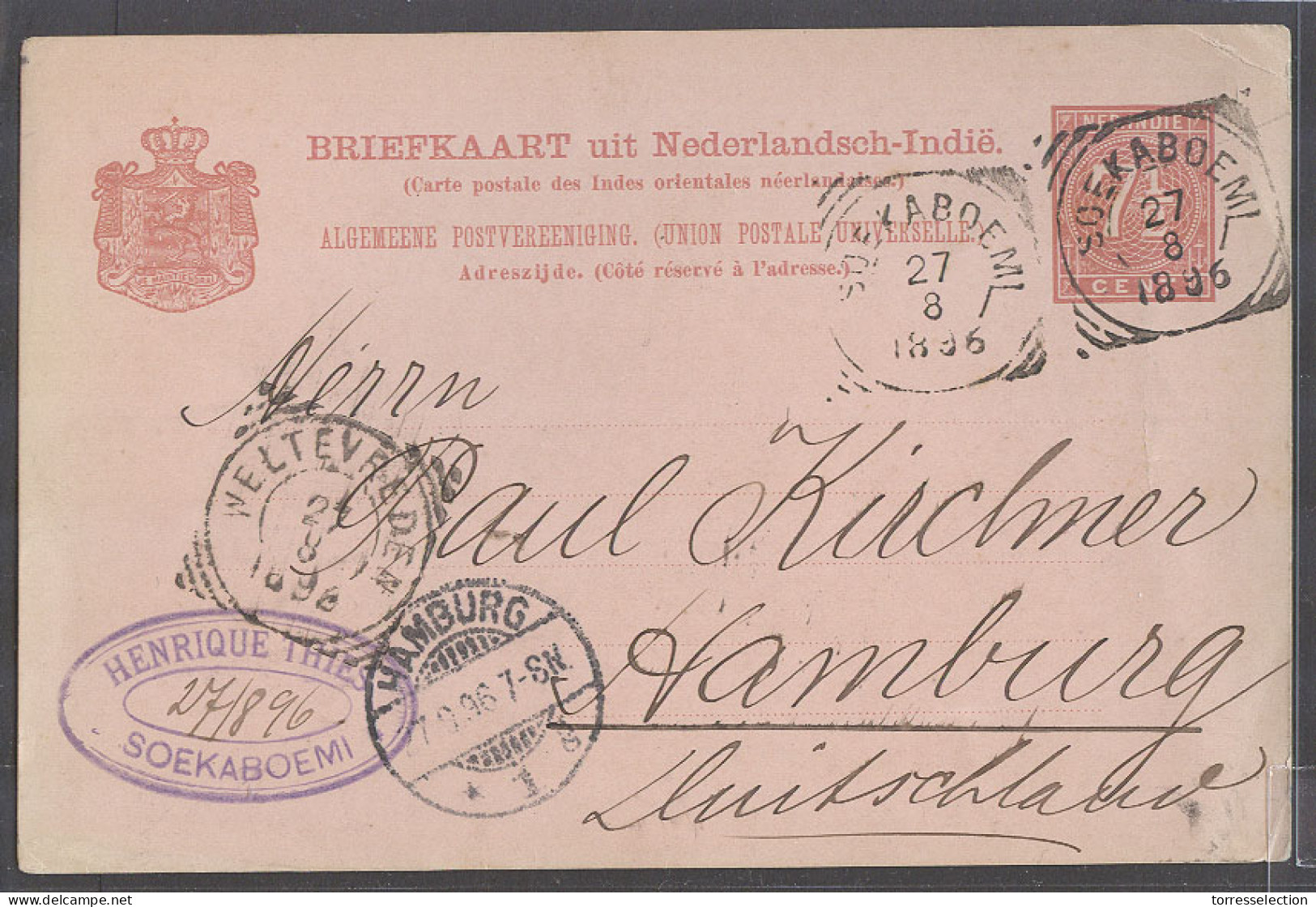 DUTCH INDIES. 1896 (27 Aug). Soekaboemi - Germany, Hamburg (7 Sept). 7 1/2c Red Stat Card. Via Weltevreden. VF Nicely Ca - Indonesië