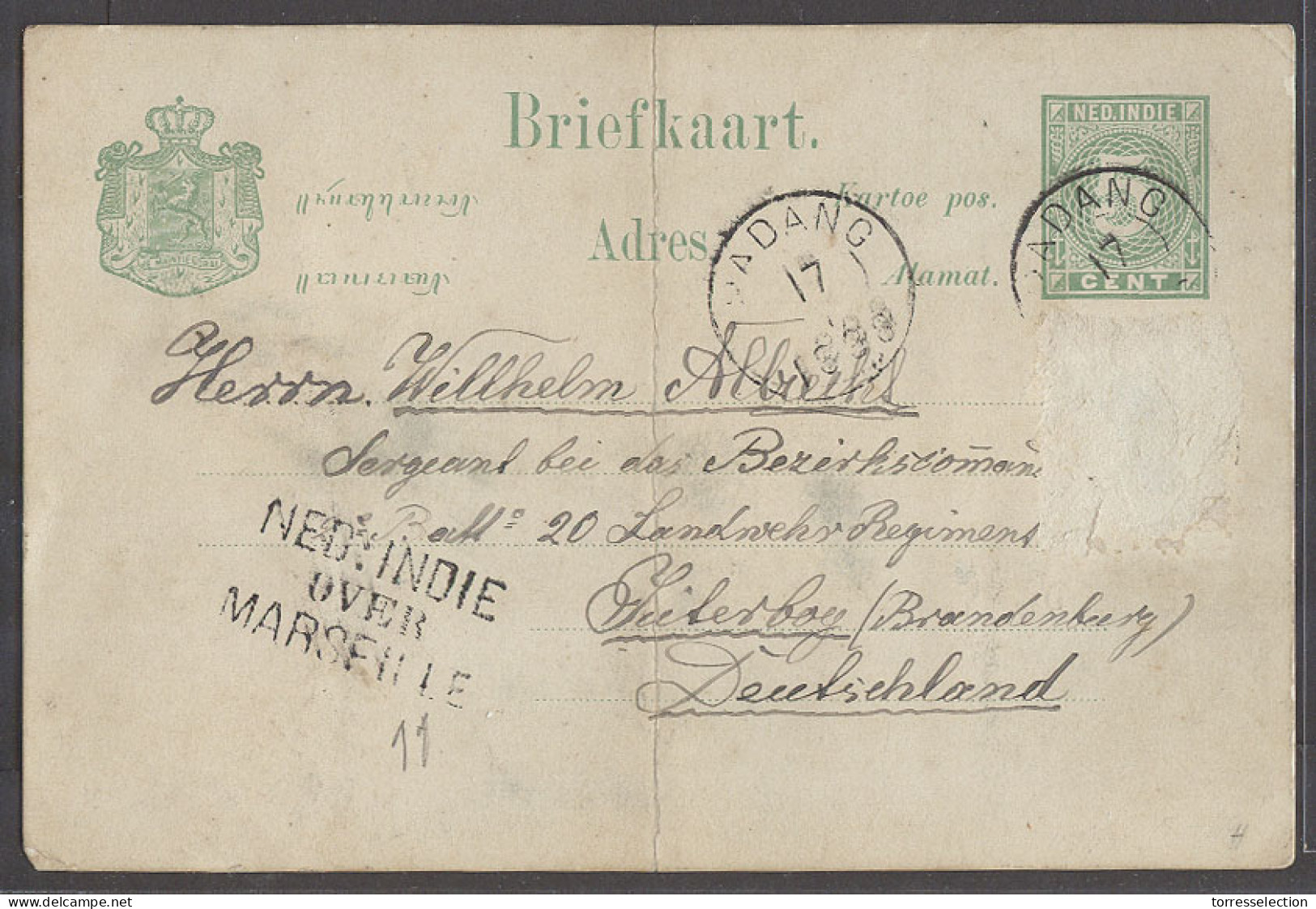 DUTCH INDIES. 1888 (16 Jan). Padung, Sumatra - Germany, Brandenberg. 5c Green Stat Card Cds Ned Indie Over Marseille. Fi - Indonesië