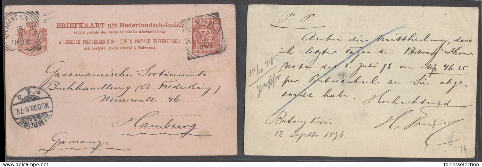 DUTCH INDIES. 1898 (12 Sept). Badang Kiwi - Medan (13 Sept). Generaly, Hamburg (10 Oct). 7 1/2c Red Stat Cds. NI Agent S - Indonesië