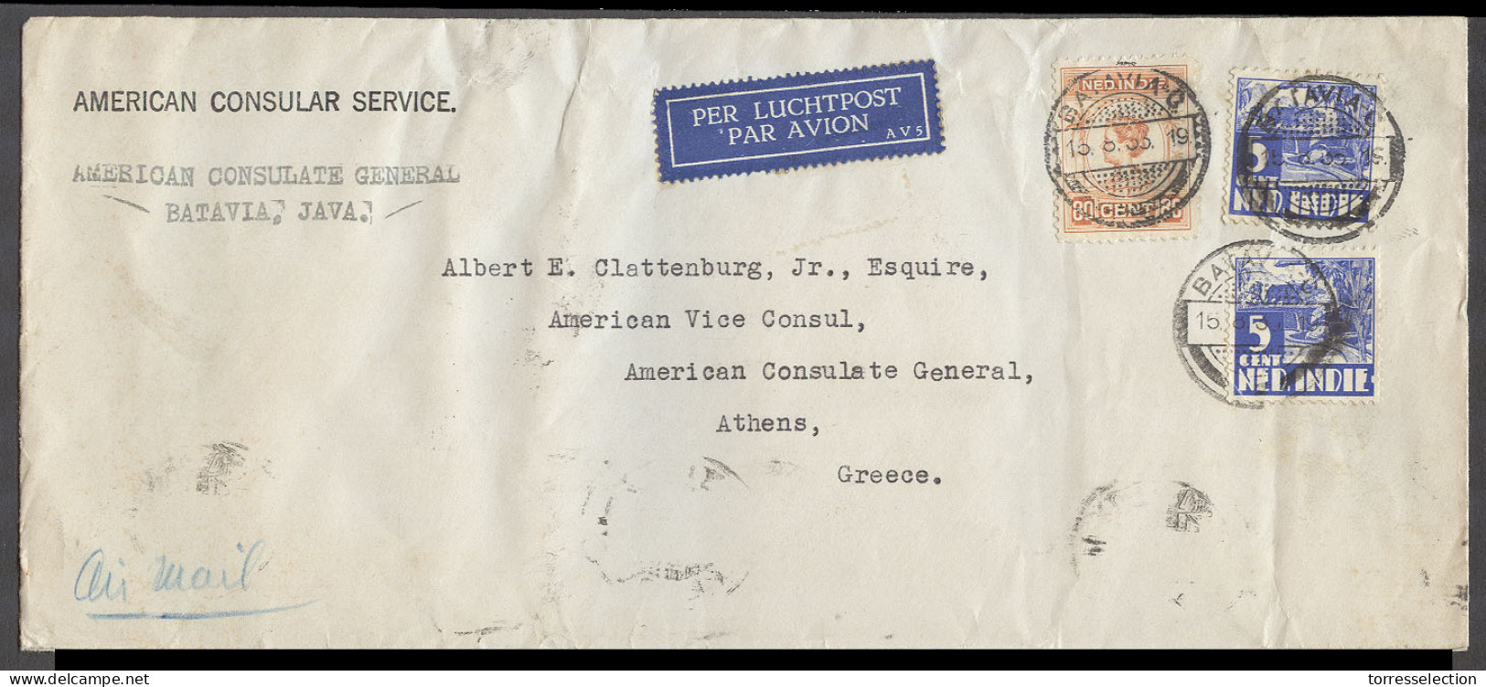 DUTCH INDIES. 1933 (15 Aug). Batavia - Greece (22 Aug). Air Multifkd Env High Rate Airmail US Consular. The Air Route St - Indonesië