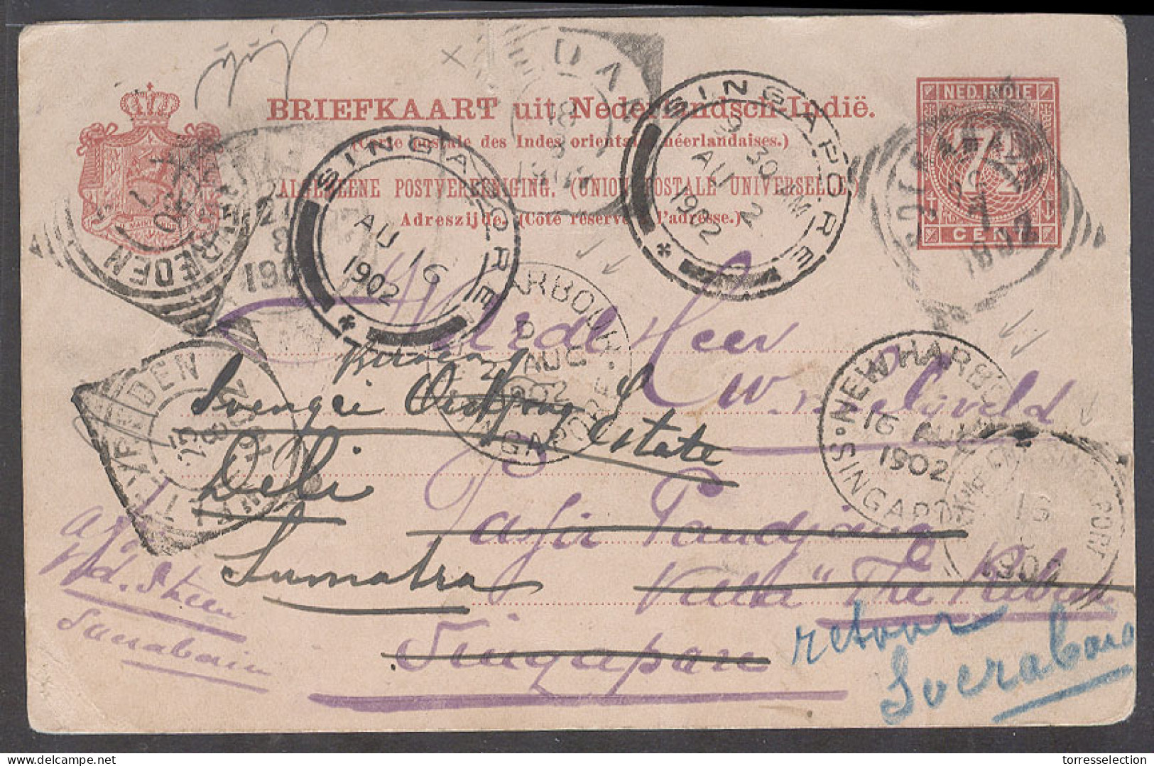 DUTCH INDIES. 1902 (26 July). Vaer, Soerabaja - Paja, Pandjang, Singapore 7 1/2c Red Stat Card. Via Singapore New Harboo - Indonesië