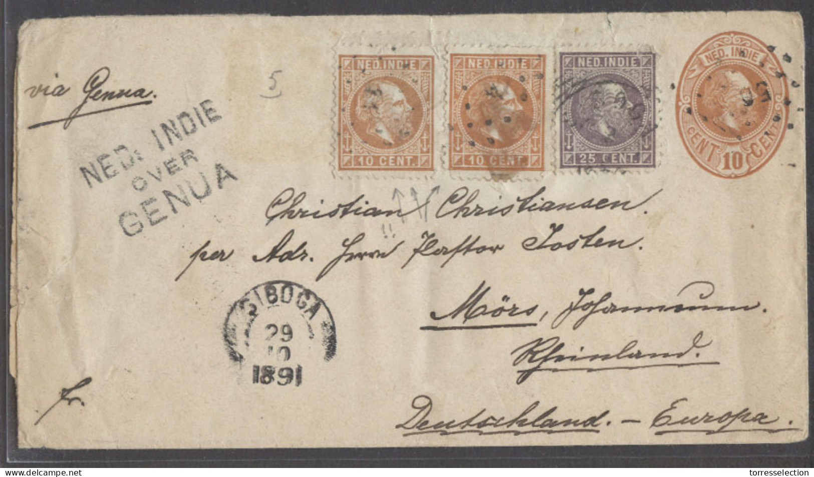 DUTCH INDIES. 1891(29 Oct). Siboga - Germany (3 Dec). Reg 10c Brown Stat Env 3 Adtls Stamp.(further Stamp Missing In Tra - Indonesië