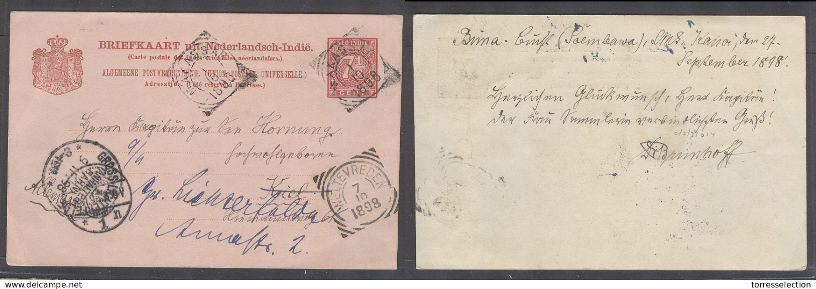 DUTCH INDIES. 1898 (1 Oct). Bima Cink, Soembawa - Makassar, Timor Isl - Germany Kiel (9 Nov 98). 7 1/2c Red Pink Stat Ca - Indonesien