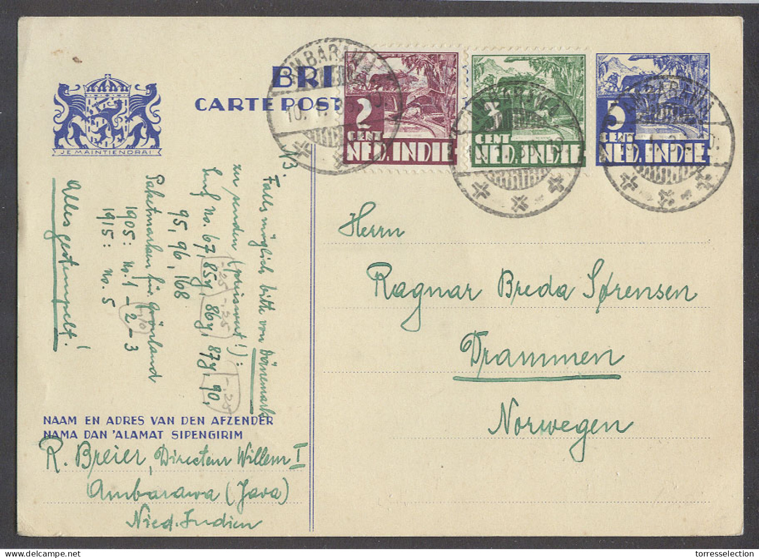 DUTCH INDIES. 1935 (10 Jan). Ambarawa - Norway. 5c Blue Stat Card 2 Adtls 10c Rte. An Scarce Better Dest. - Indonesië