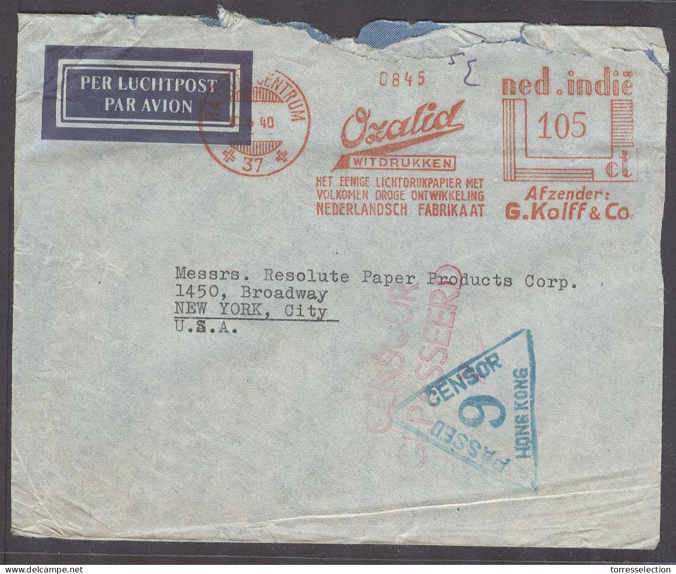 DUTCH INDIES. 1940 (10 June). Batavia - USA, NY. Ozalid & Cº Machine Fkd 105cts Rate Env HK Censor Depart Dutch Cachets. - Indonesië