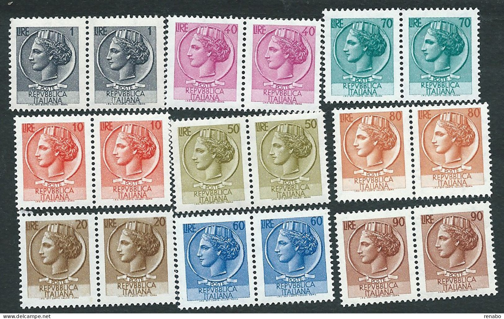 Italia 1968 - 69; Siracusana Stelle, Vignetta Piccola; 9 Coppie : Lire 1 + 10 + 20 + 40 + 50 + 60 + 70 + 80 + 90 - 1961-70: Mint/hinged