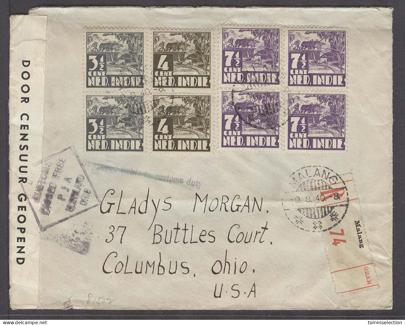 DUTCH INDIES. 1940 (9 Aug). Malang - USA / Ohio (1 Oct). Reg Multifkd Censored Customs Control Env. V Nice. Via SF (28 S - Indonesia