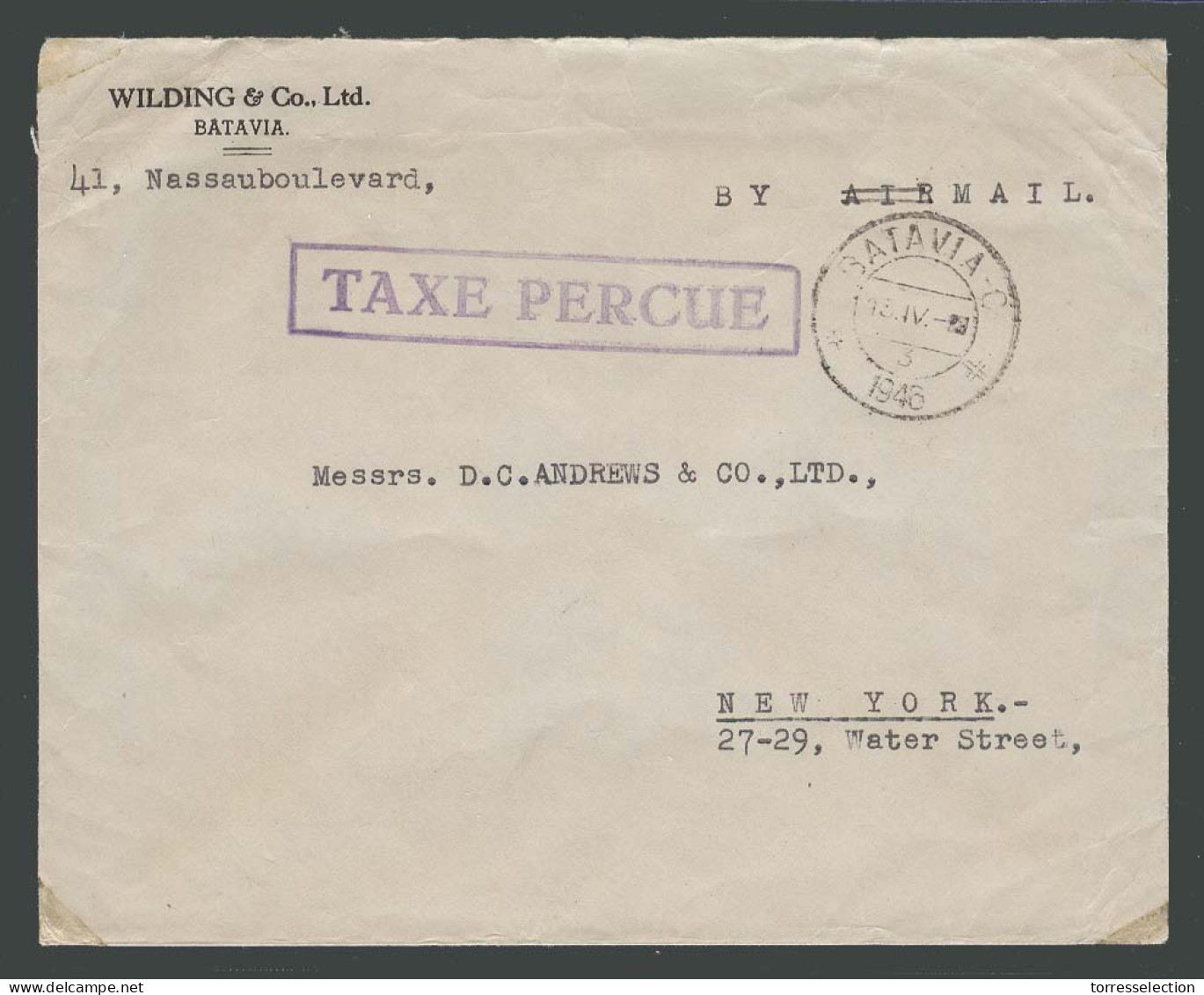 DUTCH INDIES. 1946 (13 April). Batavia - USA. FM Airmail Tax Percue. Stampless Env. - Indonesië