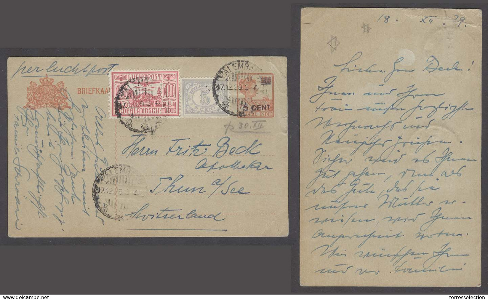 DUTCH INDIES. 1929 (17 Dec). Palembang - Switzerland. 5c Ovptd 7 1/2c Grey Stat Card. Airmail + 2adtls. VF Scarce Item.  - Indonesië