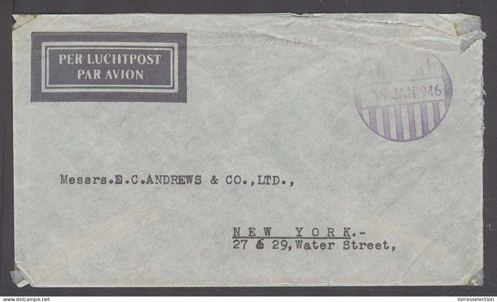 DUTCH INDIES. 1946 (19 Jan). Batavia - USA. Stampless Air Env Special Lilac Cachet Ds Cash Paid. Fine. - Indonesië