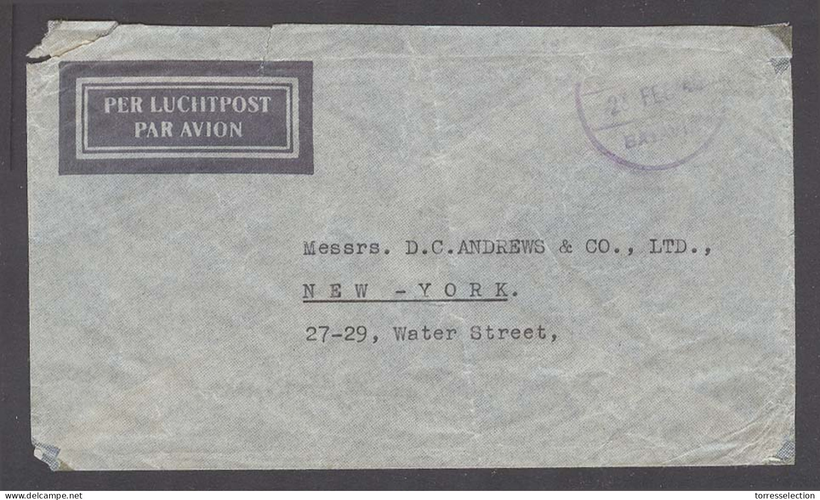 DUTCH INDIES. 1946 (23 Feb). Batavia - USA / NY. Airmail Env Stampless Violet Cachet. - Indonesië