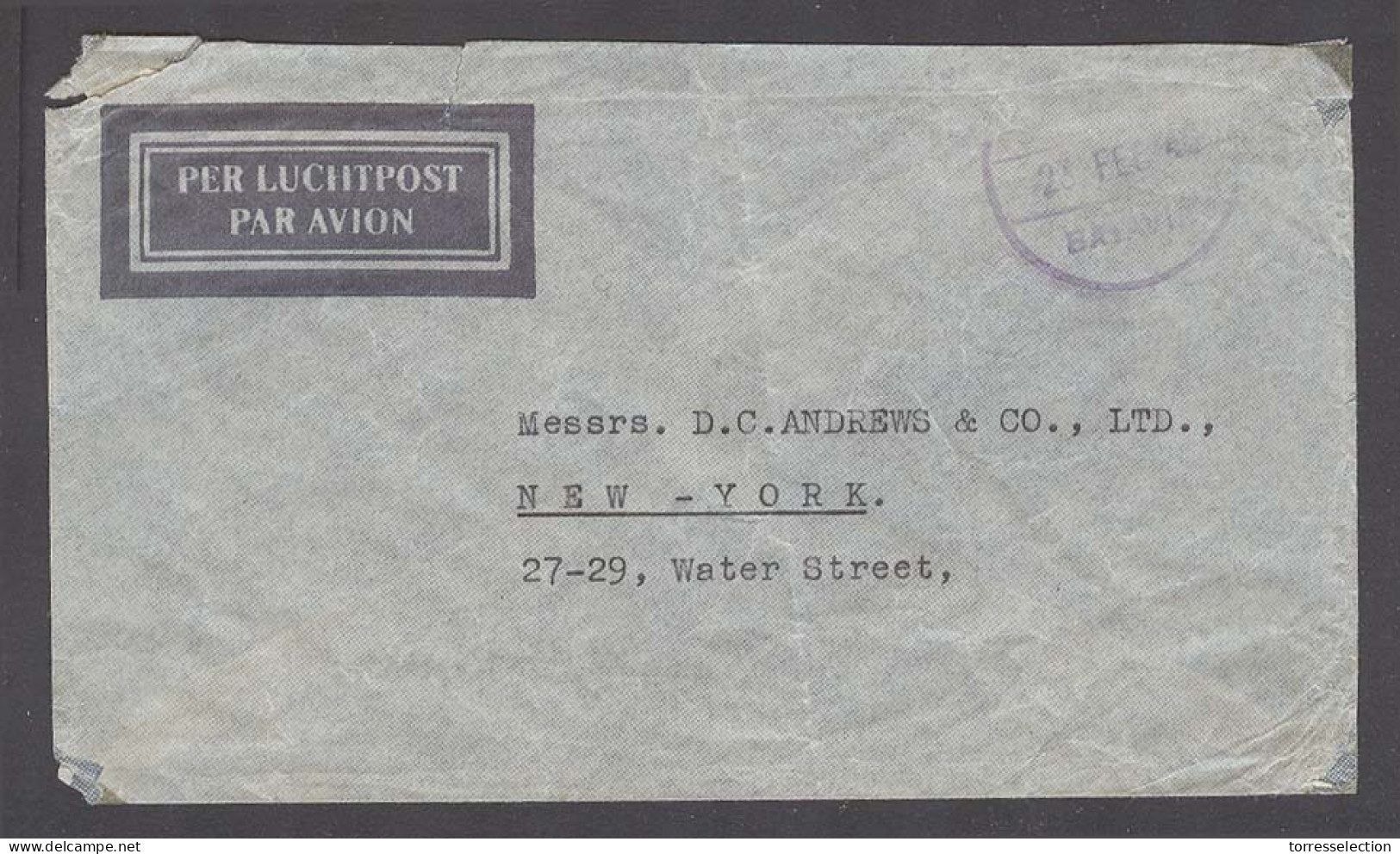 DUTCH INDIES. 1946 (23 Feb). Batavia - USA / NY. Airmail Env Stampless Violet Cachet. - Indonesia