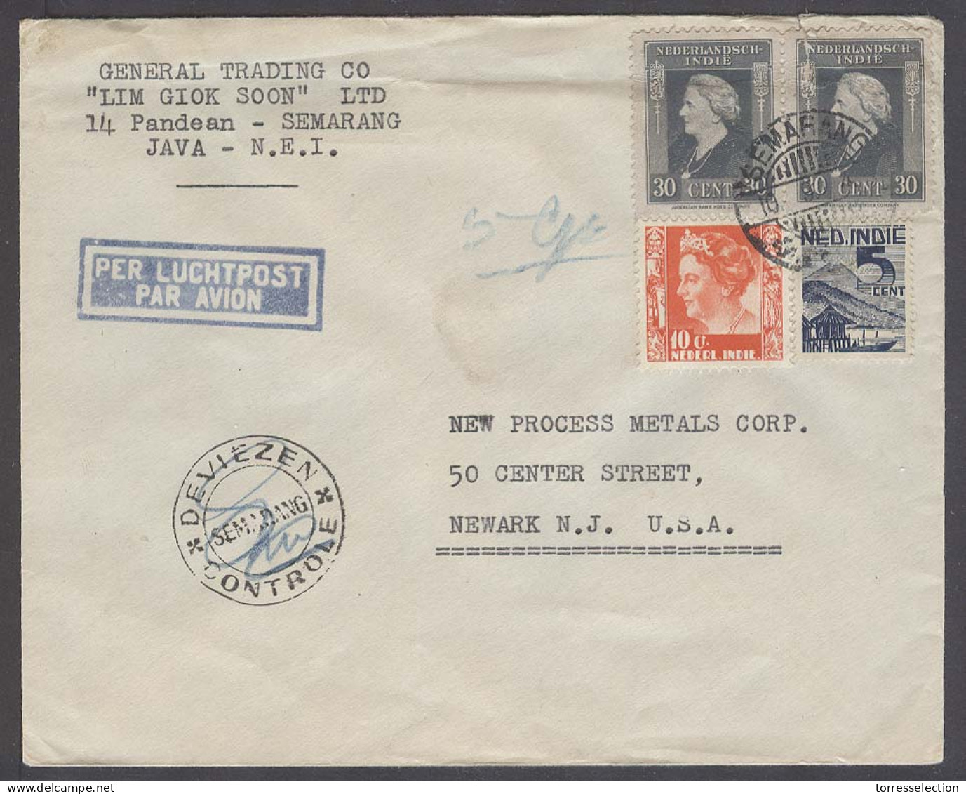 DUTCH INDIES. 1935 (10 May). Semanrang - USA / Newark. Air Multifkd Divisa Censored Env. Fine. - Indonesia