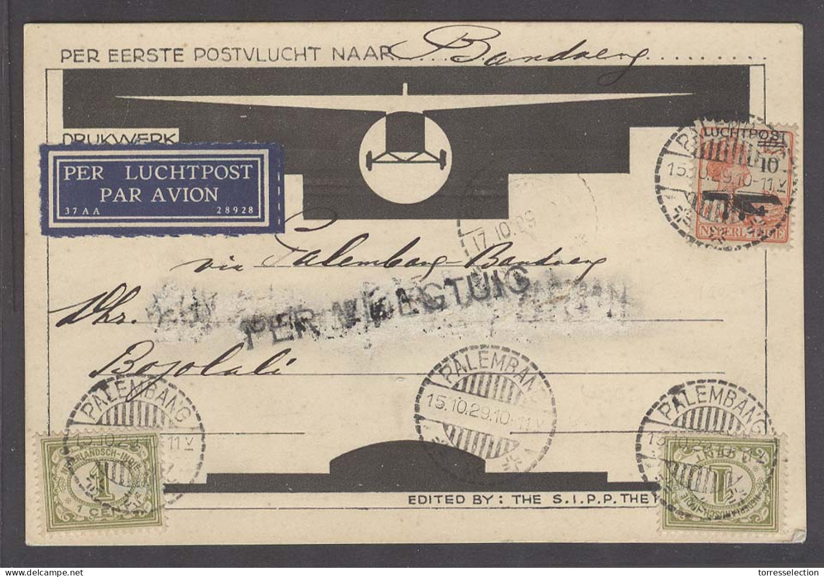 DUTCH INDIES. 1929 (15 Oct). First Flight Card. Palembang - Bandoeng (17 Oct). Last 70$ At Auction) - Indonesia