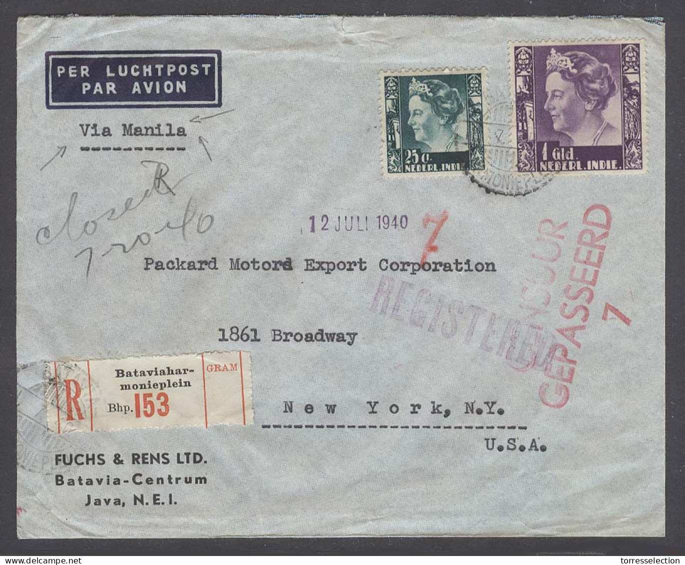 DUTCH INDIES. 1940 (12 July). Batavia Harmonieplein - USA / NY (19 July). Reg Air 1guld 25c Rate Via Manila Hawaii (16 J - Indonesië