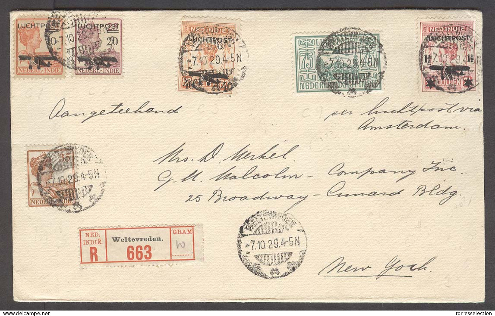 DUTCH INDIES. 1929 (7 Oct). Weltevreden - USA / NY (26 Oct). Reg Air Mutifkd Env Via Amsterdam. Ovptd Issue. - Indonesië