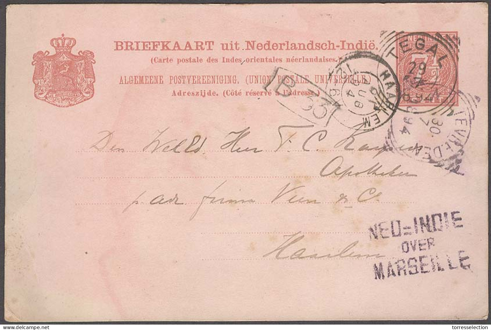 DUTCH INDIES. 1894 (29 July). Tegal - Netherlands (31 Aug). 7 1/2c Red Stat Card. Fine Used Transit Ned = Indie Over Mar - Indonesia