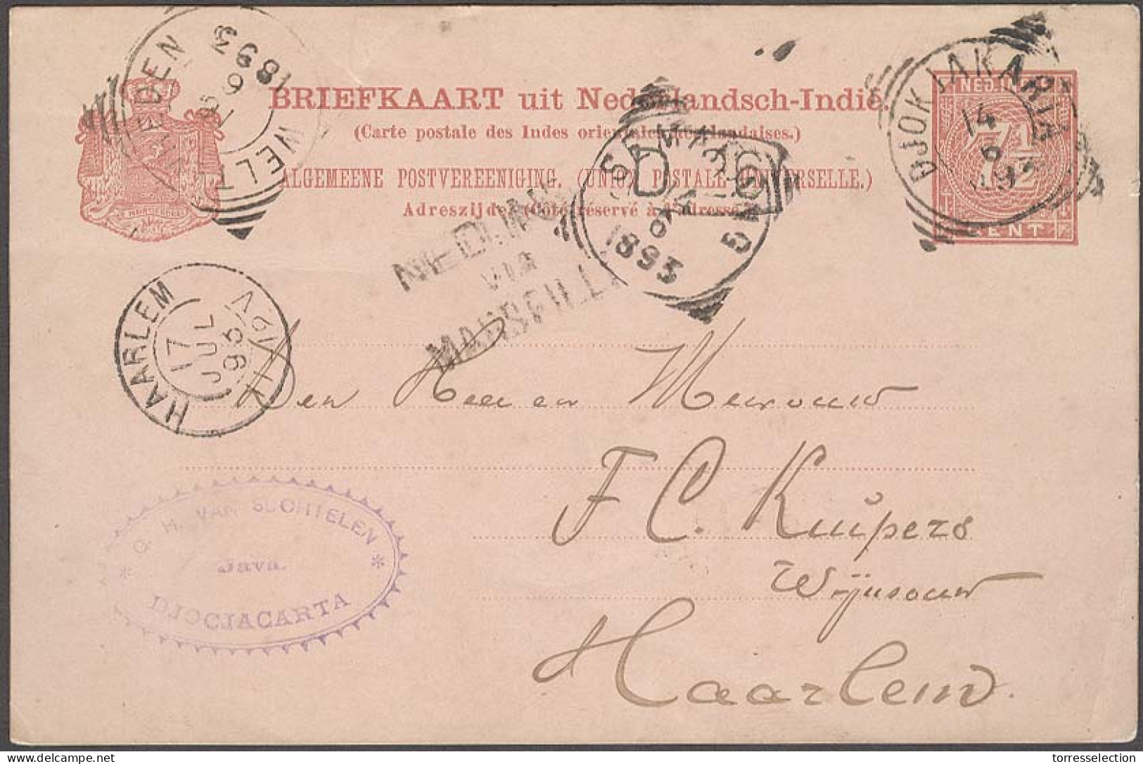 DUTCH INDIES. 1883 (14 June). Bjokjakarta - Netherlands (17 July). 7 1/2c Red Stat Card Transit On Front Incl Ned Indies - Indonesië