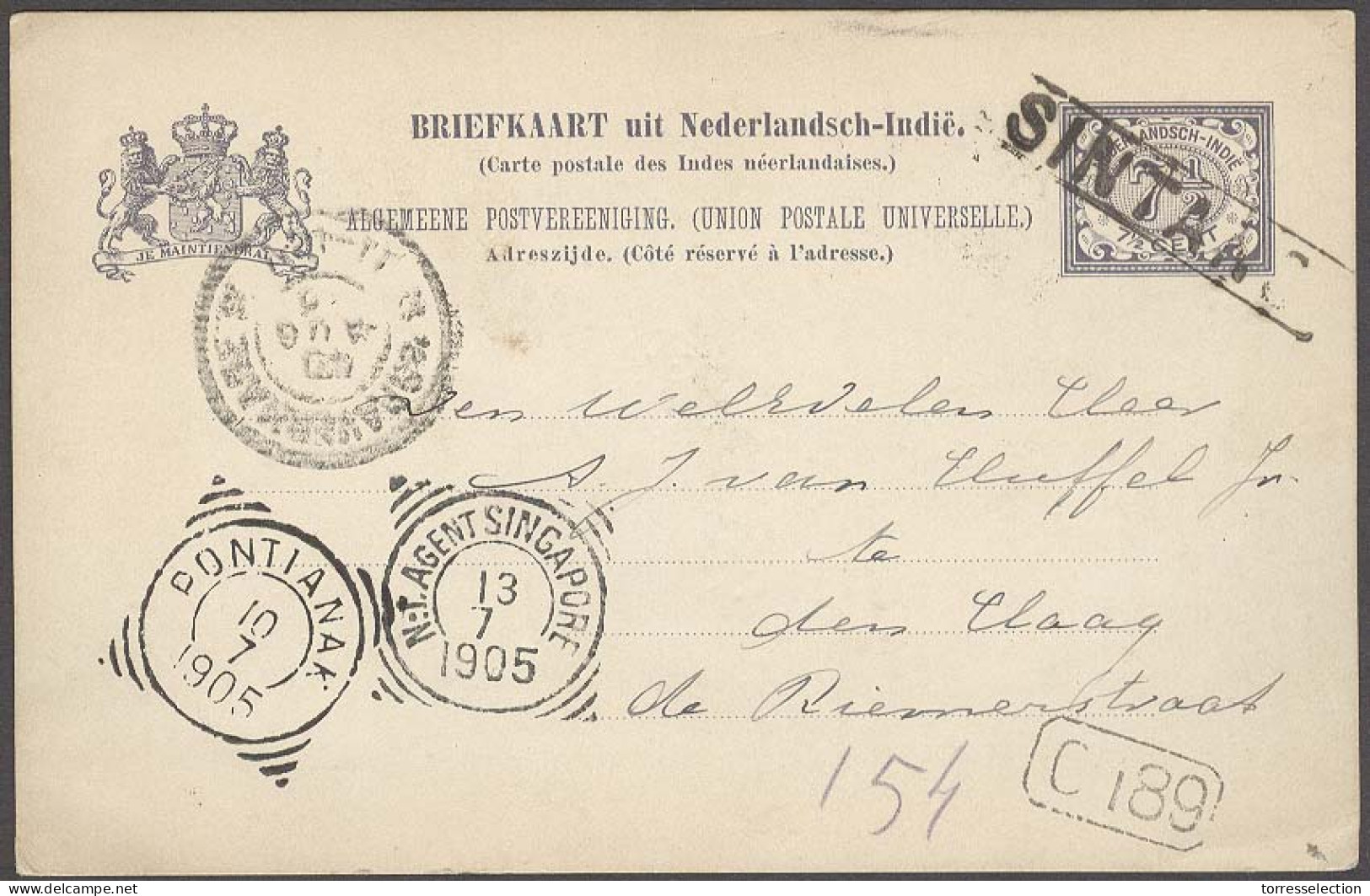DUTCH INDIES. 1905 (5 July). Sintarg - Netherlands (10 Aug). 7 1/2c Violet Stat Card / Stline Town. Transits On Front. P - Indonesië