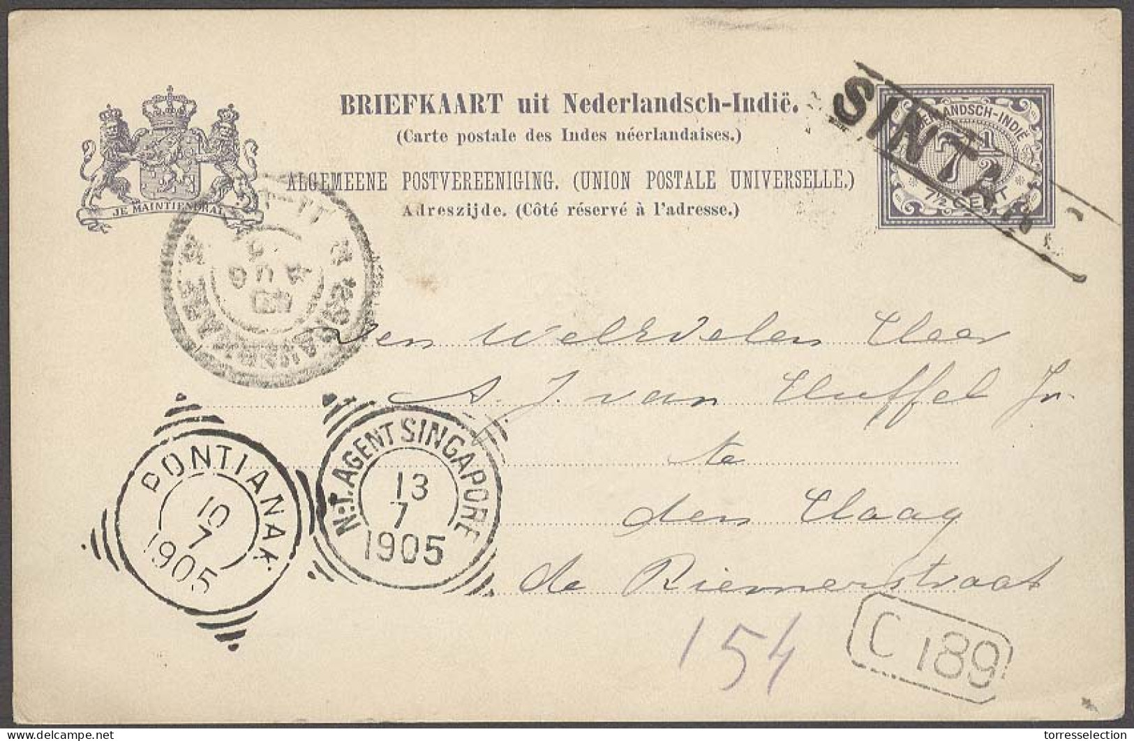 DUTCH INDIES. 1905 (5 July). Sintarg - Netherlands (10 Aug). 7 1/2c Violet Stat Card / Stline Town. Transits On Front. P - Indonesia