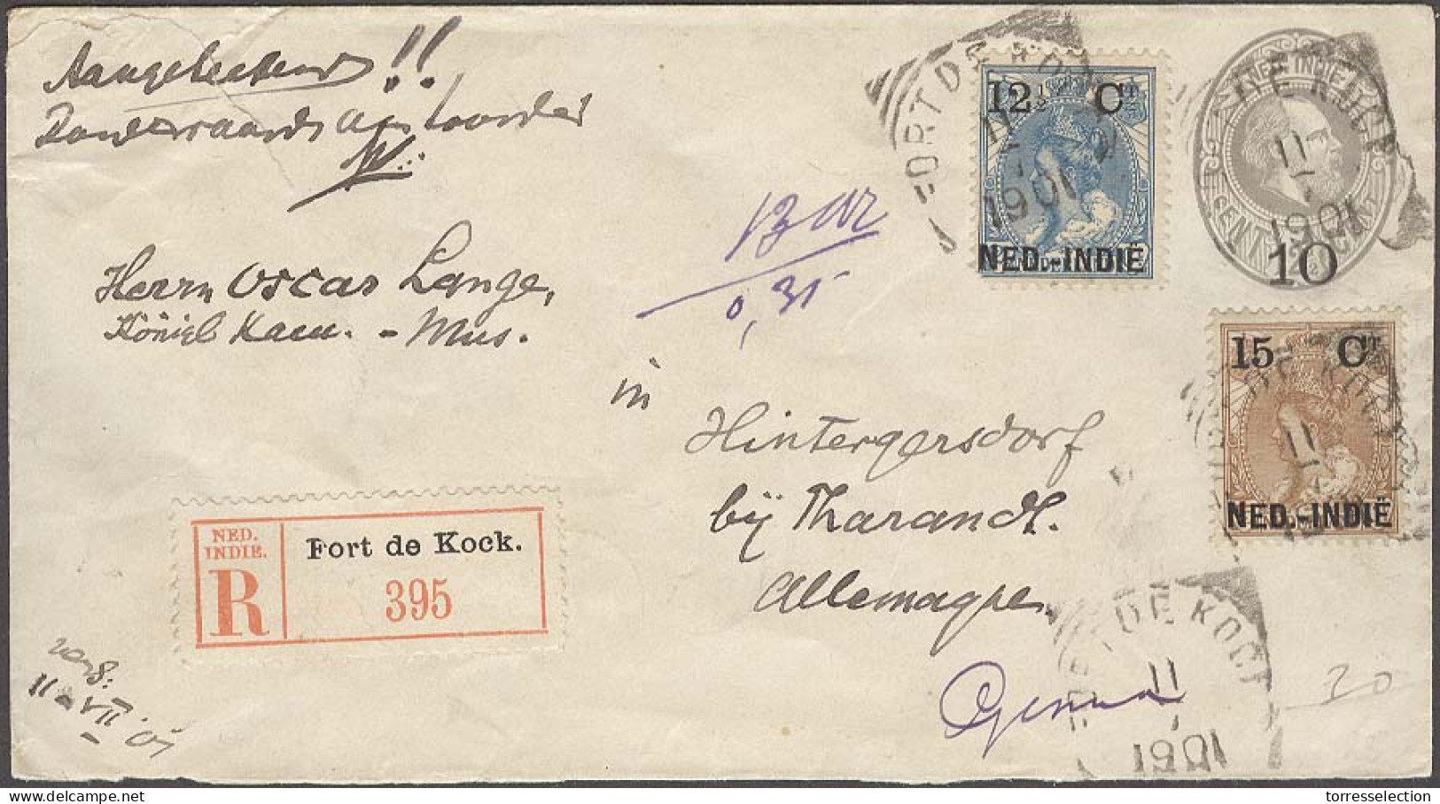 DUTCH INDIES. 1901 (11 July). Fort De Cock - Germany (3 Aug). Reg 10c / 12 1/2c Grey Stat Env + 2 Adtls. Fine. - Indonesië