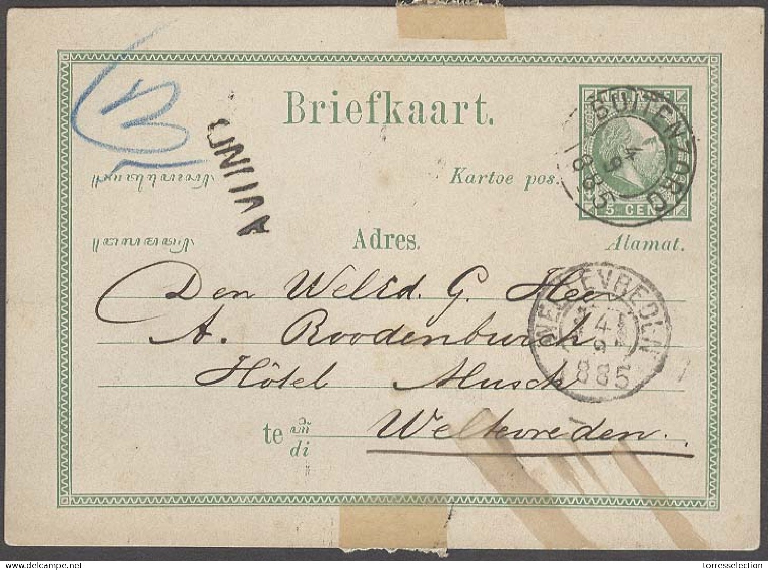 DUTCH INDIES. 1885 (4 Sept). Buitenzorg - Weltevreden 5c Green Stat Card Cds + Avono Stline Alongside (xx / R). Fine Use - Indonesia