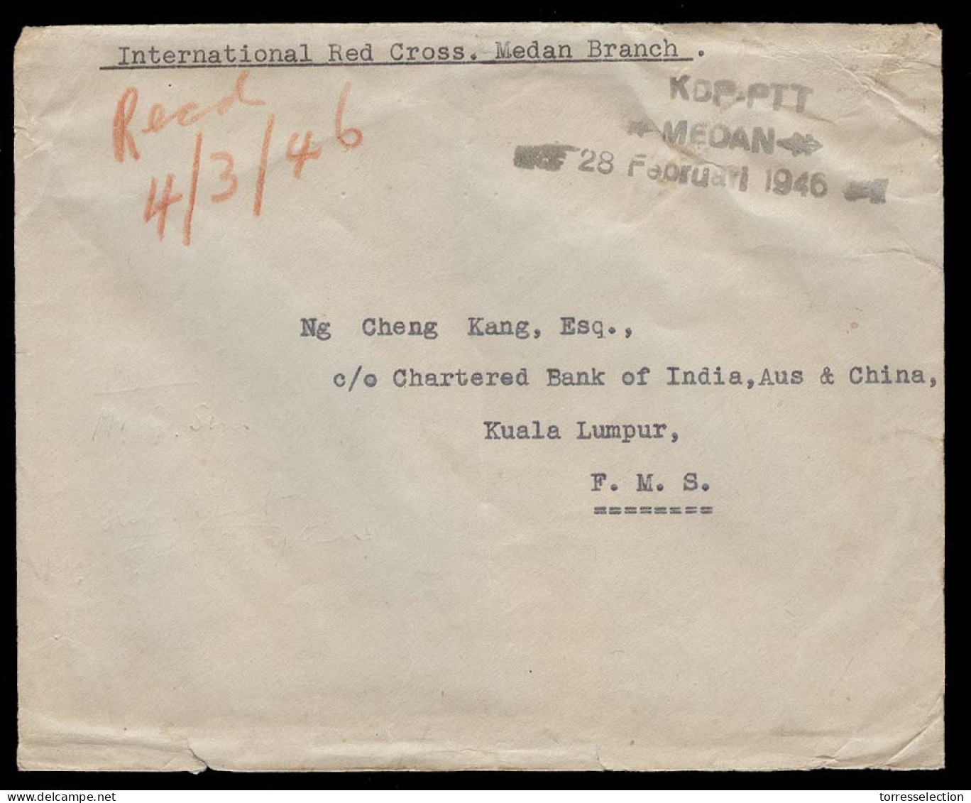 DUTCH INDIES. 1946 (28 Feb). Medan - Malaysia / FMS / Kuala Lumpur. Provisional KDP - PTT / Redd Cross. Scarce Cachet De - Indonesia