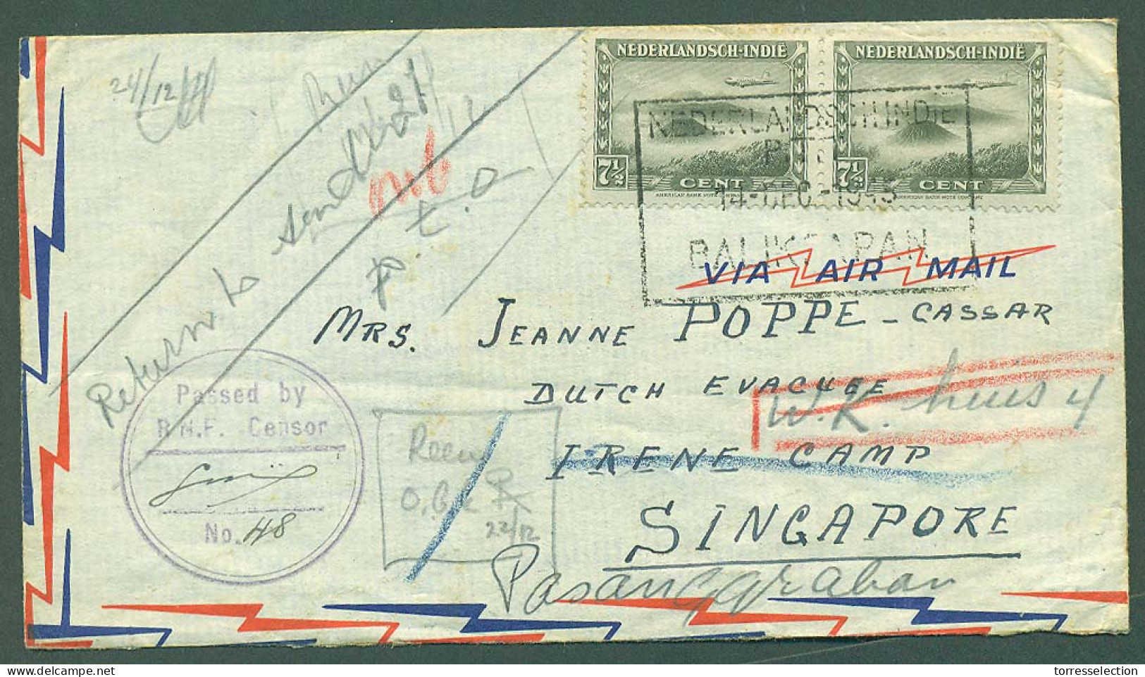 DUTCH INDIES. 1945 (14 Dec). Balikpapan / Borneo - Singapore Dutch Evacuee / Irene Camp. Air Fkd Env + Censored + Return - Indonesia