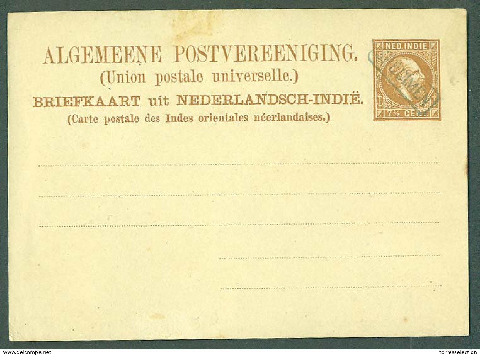 DUTCH INDIES. 1879 Issue 7 1/2c Brown Stat Card Cream Stock Ovptd Specimen Blue Box (xxx). VF. - Indonesia