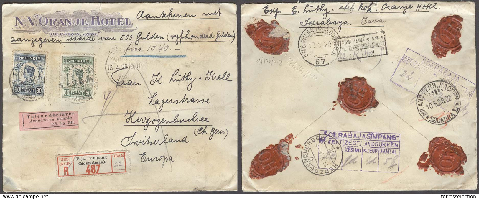 DUTCH INDIES. 1928 (16 Apri). Bijk. Simpang - Switzerland (11 Mayo). Hotel Color Ilustrated Reg Insured Multifkd Env 1g  - Indonesia