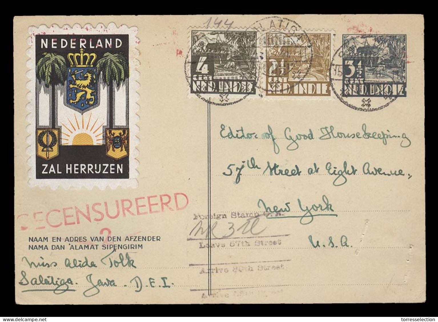 DUTCH INDIES. 1941 (14 Jan). Salatisa - USA / NY. 3 1/2c Stat Card + 2 Adtls + Dutch Color Label. Censored VF Color Usag - Indonesia