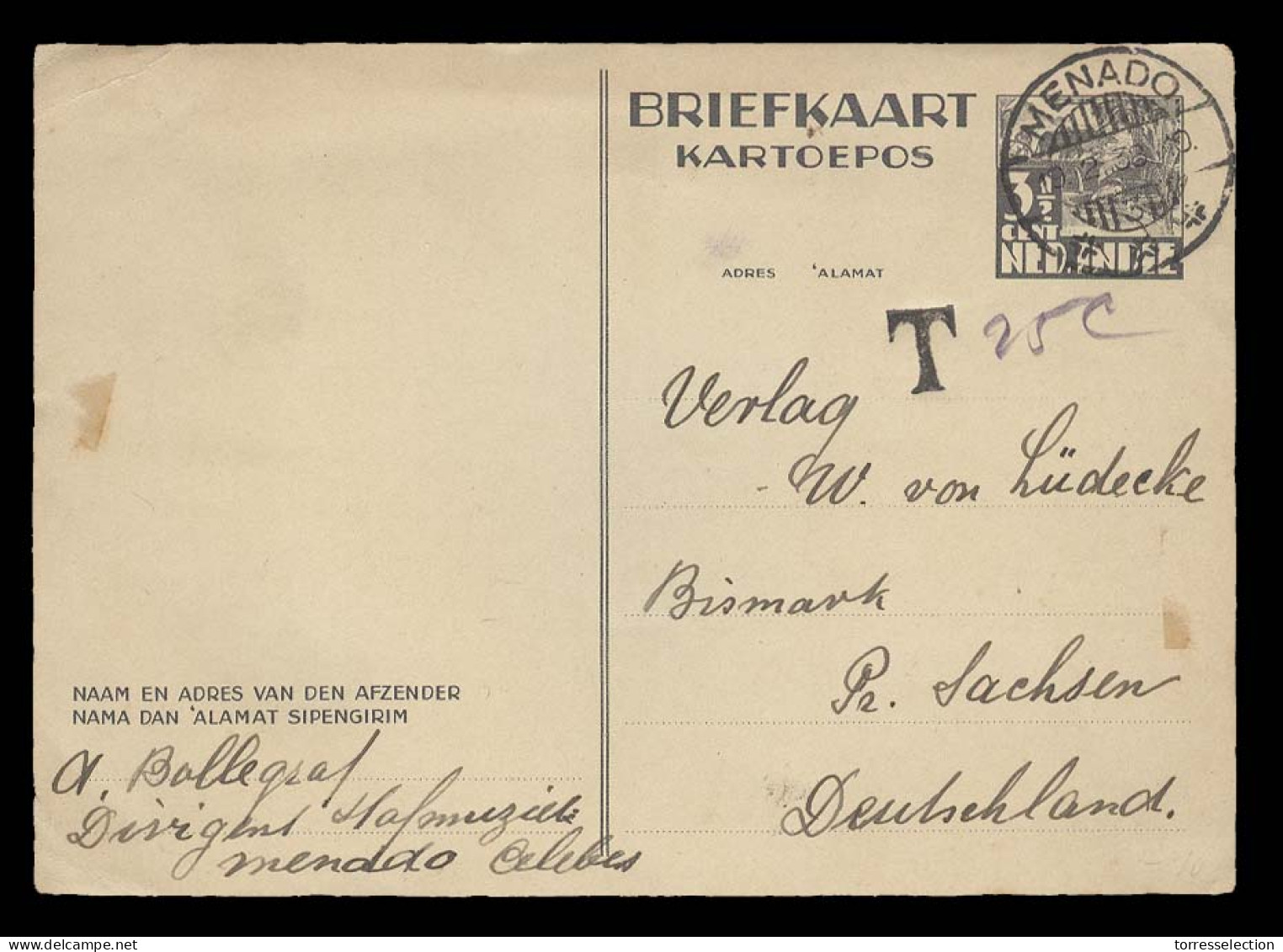 DUTCH INDIES. 1936 (18 Feb). Medano - Germany. 3 1/2c Grey Stat Card , Tax As It Was For Internal Use And No Stamps Supl - Indonesia