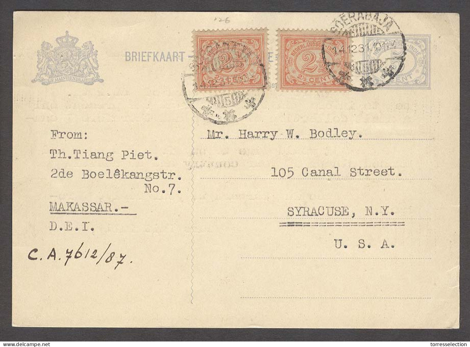 DUTCH INDIES. 1931 (14 Dec). Soerabaja - USA / NY. 5c Grey Blue Stat Card +2 Adtl 10c Rate. XF. - Indonesia
