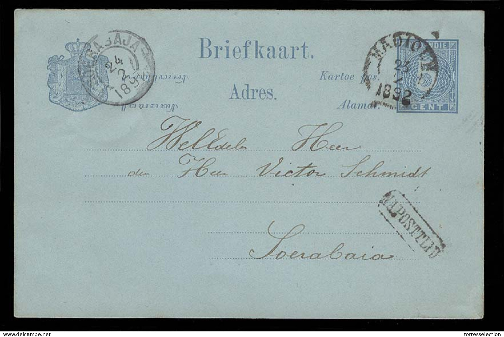 DUTCH INDIES. 1892 (23 Feb). Madioen - Soerabaia. 5c Blue Stat Card. Na Posttlid Box Pmk. VF. - Indonesia