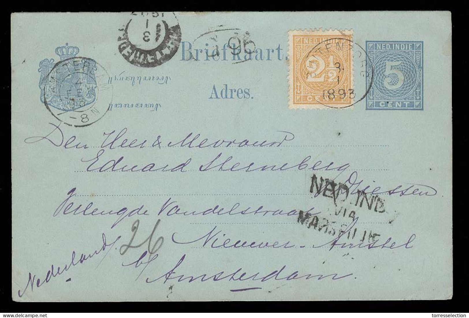 DUTCH INDIES. 1893 (3 Jan). Dramaga - Netherlands. 5c Blue Stat Card + 2 1/2c Adtl Cds. Routing Mark "Ned Indies Via Mar - Indonesia