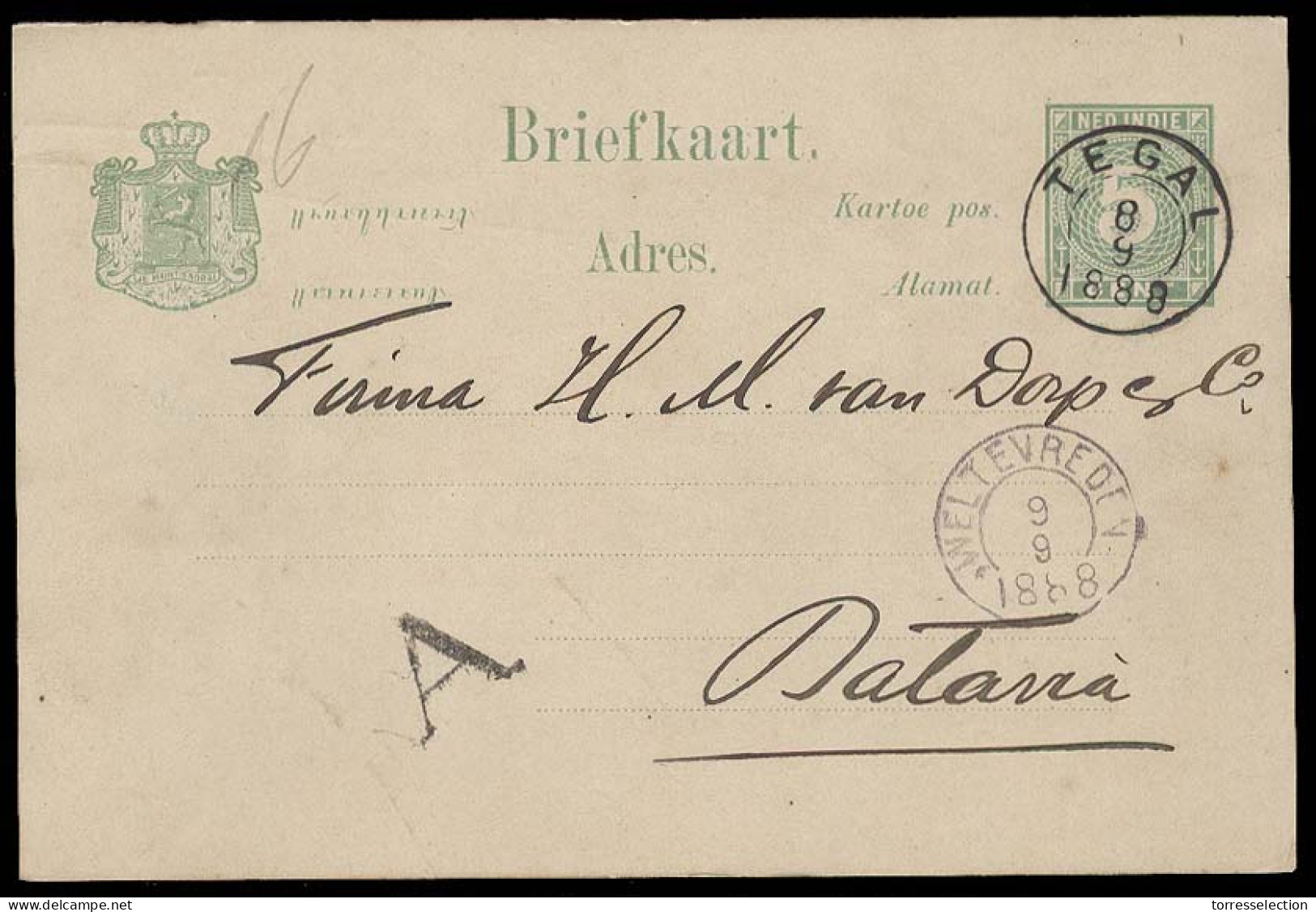 DUTCH INDIES. 1888 (8 Sept). Tegal - Batavia. 5c Green Stat Card Used With "A" Mark. XF. - Indonesia